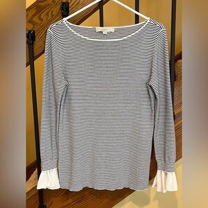 Loft Sweater striped Ruffle Cuff round neck Ivory &Black SZ.  Small